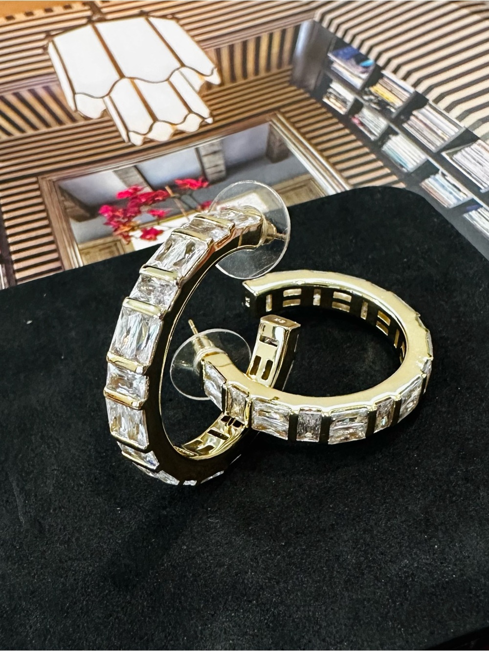 Kendra Scott Jamie Hoop Earrings Gold, White CZ Crystal Baguette Rectangular Cut
